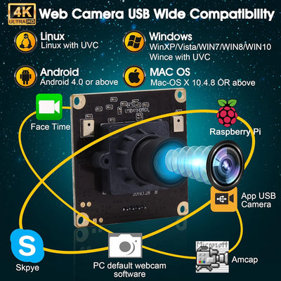 ELP 4K Ultra HD Webcam Unterstützung 3840x2160@30fps mit No-Distortion Objektiv, IMX317 Sensor PC We