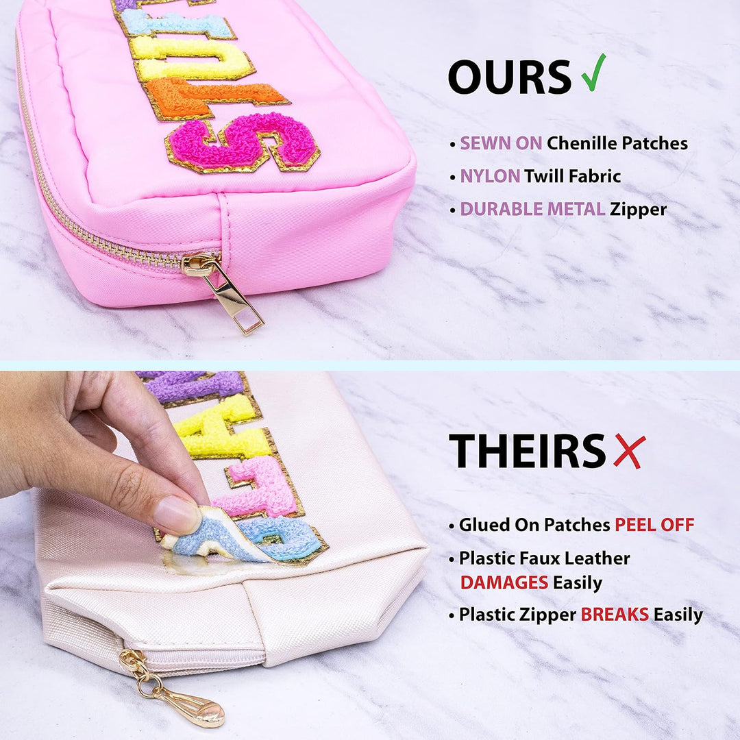 Fablinks Make-up-Tasche, Preppy mit Chenille-Buchstaben, Nylon mit Reissverschluss, für Hautpflege,