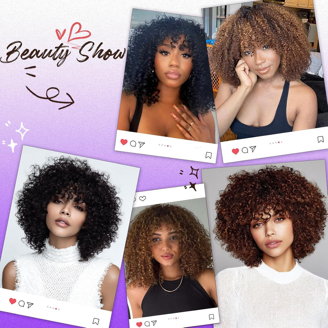 FASHION IDOL Kurzer lockiger Bob Echthaarperücken mit Pony Jerry Curl Brasilianisches Echthaar Keine