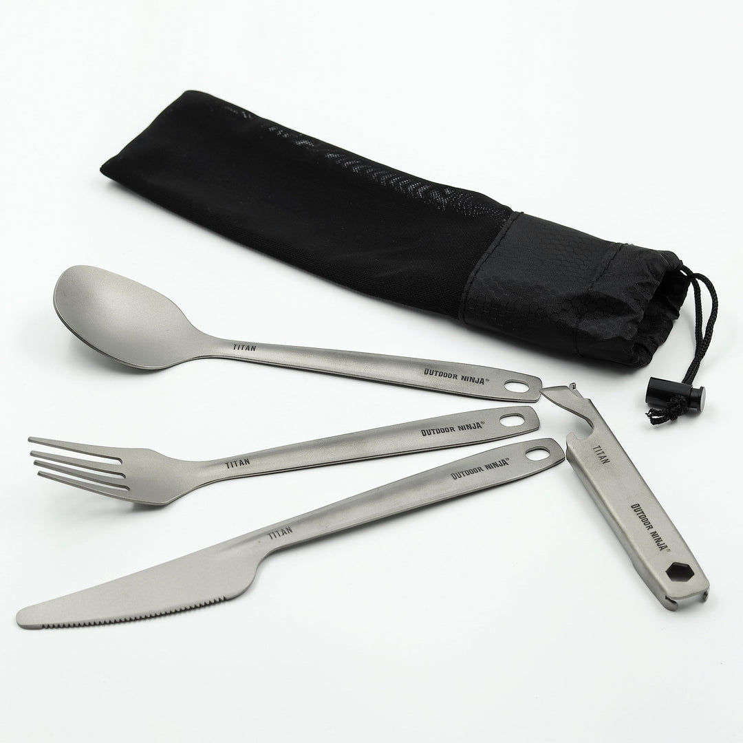Outdoor Ninja Titan Outdoor Besteck Set besteht aus Titan Messer,Titan Gabel,Titan Löffel und Titan