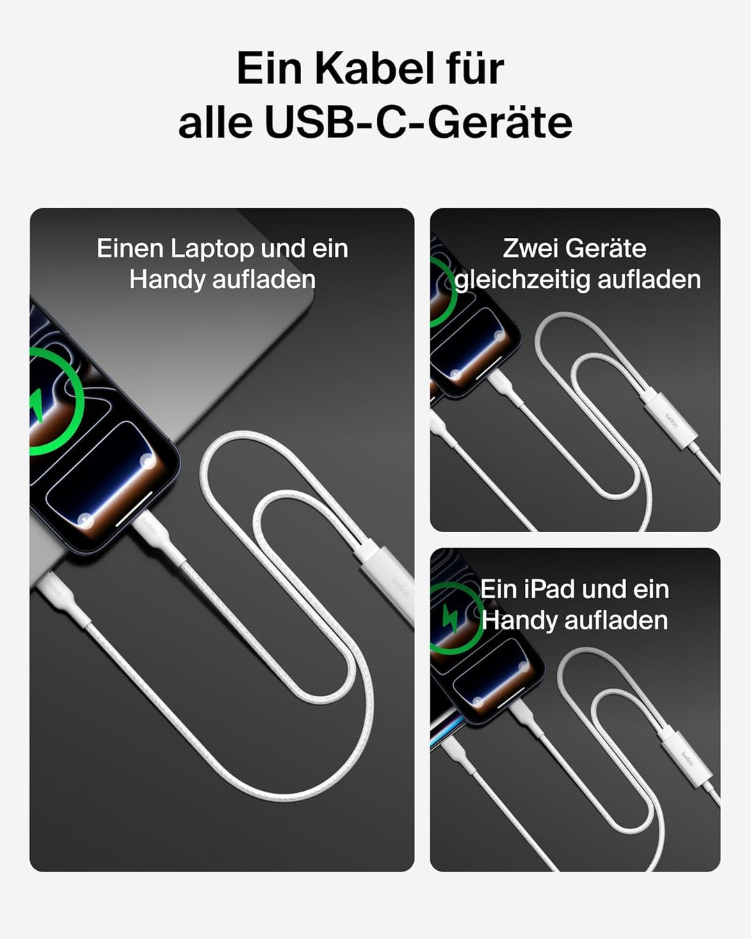 Belkin BoostCharge Pro 2-in-1 USB C auf USB C Ladekabel 140 W, Geflochtenes Kabel mit 2 Steckern zum