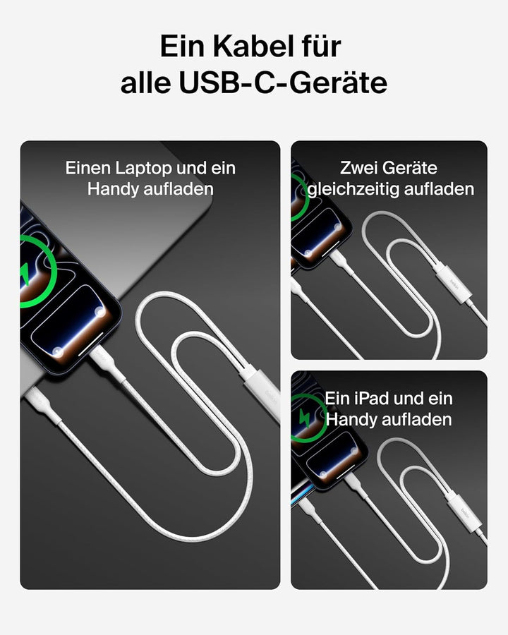 Belkin BoostCharge Pro 2-in-1 USB C auf USB C Ladekabel 140 W, Geflochtenes Kabel mit 2 Steckern zum