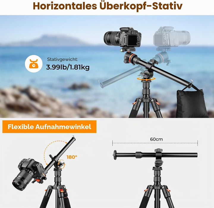 Victiv 259cm/ 102" Kamera Stativ, Multifunktionales Kamerastativ mit 360°-Horizontal-Drehachse & Pan
