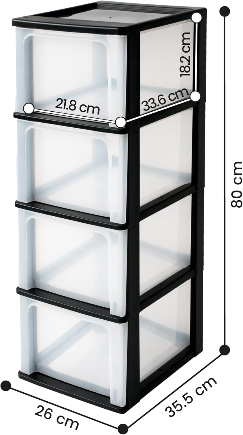 Iris Ohyama, Schubladenschrank, Schubladencontainer, 4 Schubladen mit 13 L, Format A4, durchsichtige