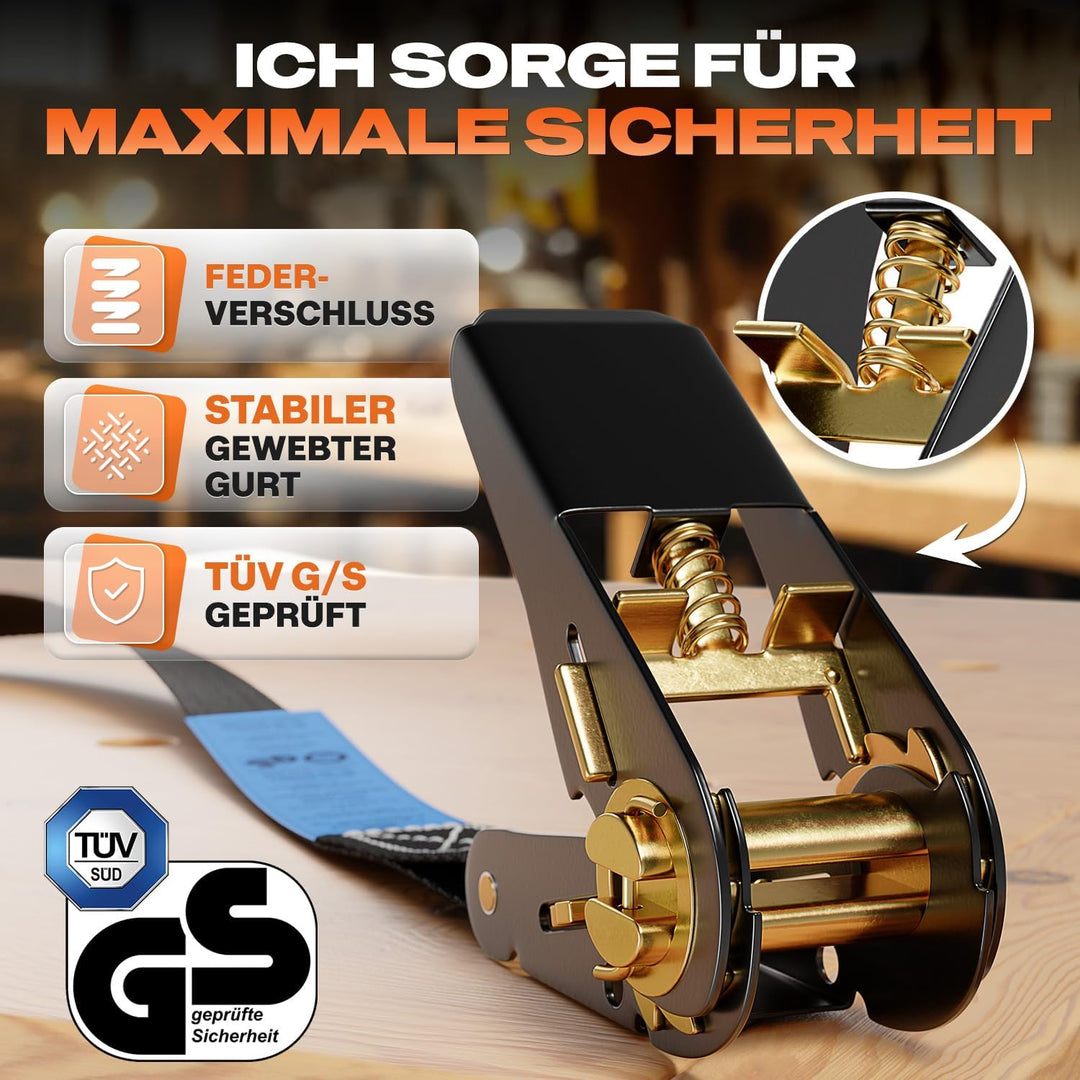 Spanngurte mit Ratsche 4 Stück, Ratschengurte 1000kg, 4m, 2,5cm breit | TÜV GS zertifiziert, wetterf