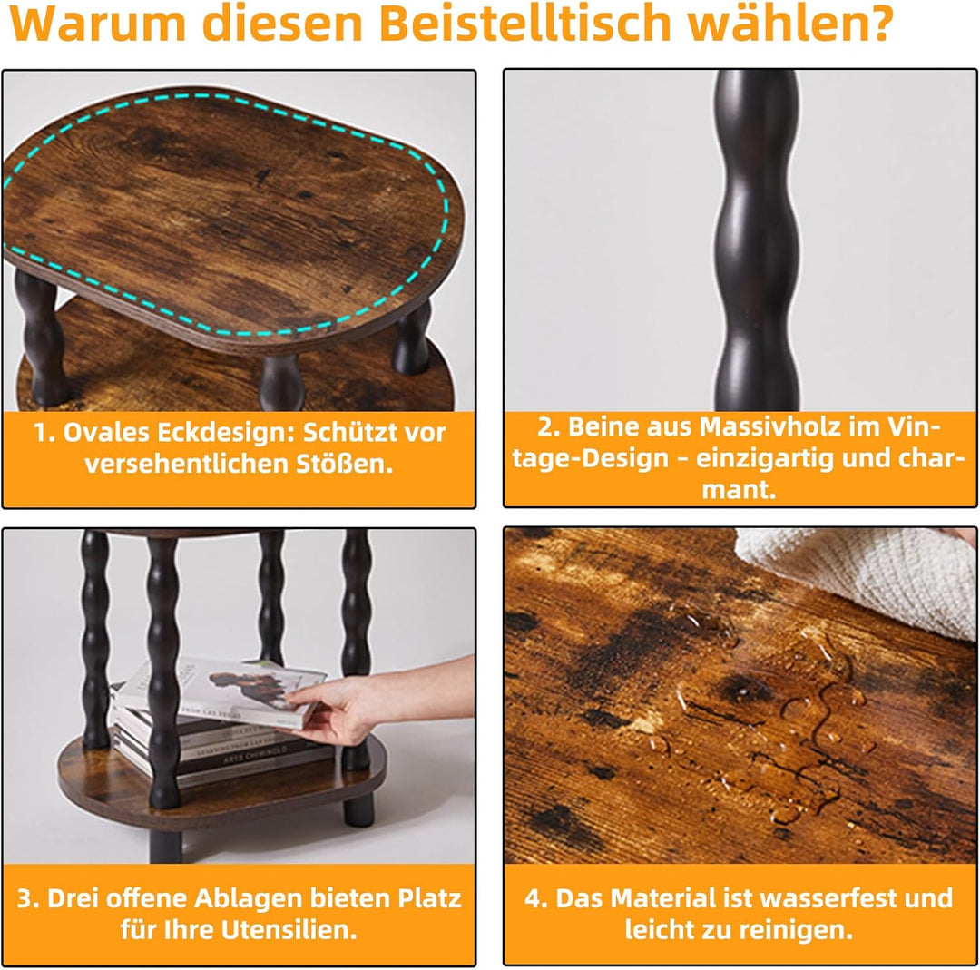Aibiju Beistelltisch mit Massivholzbeinen, dreistufiger ovaler Beistelltisch mit Ablagefach, Nachtti