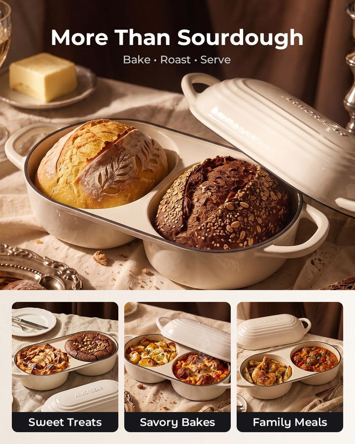 Emaillierter Gusseisen-Brottopf, Doppel-Laib Brotbacktopf mit Deckel, Dutch Oven für Sauerteigbrot,