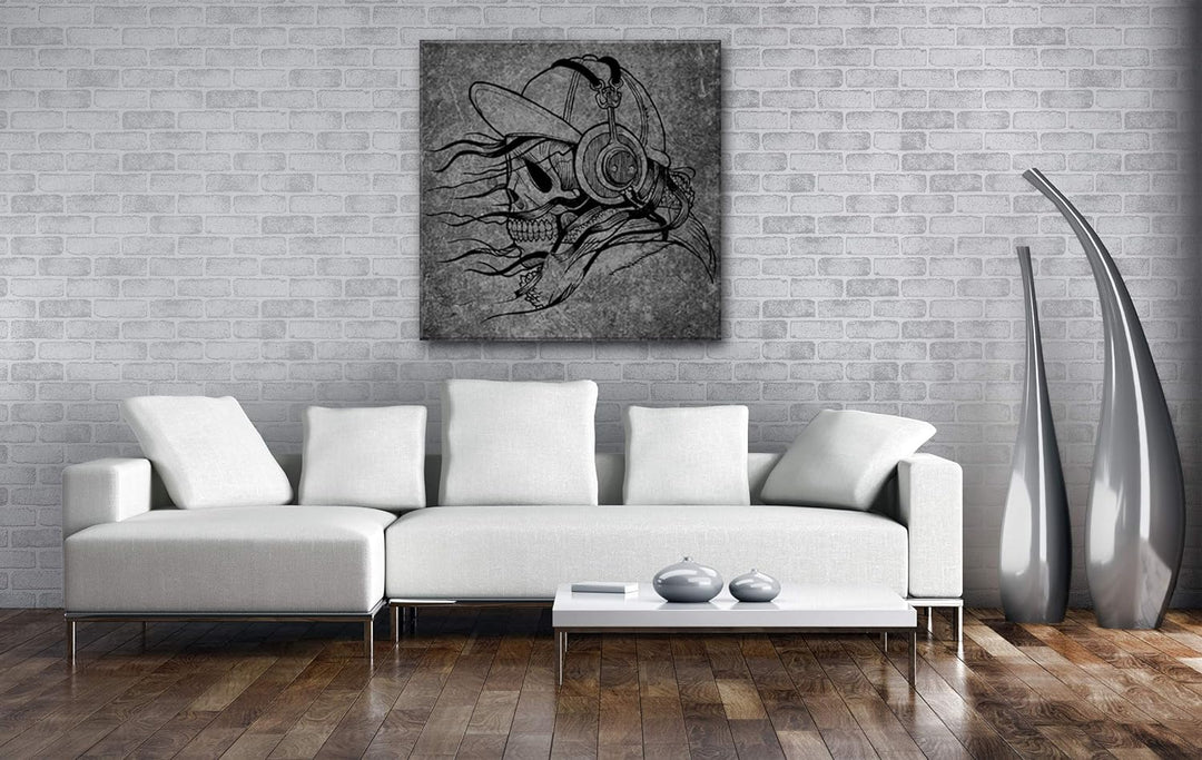 deyoli unheimlicher Totenkopf mit Kopfhörern Format: 60x60 Effekt: Schwarz&Weiss als Leinwandbild, M