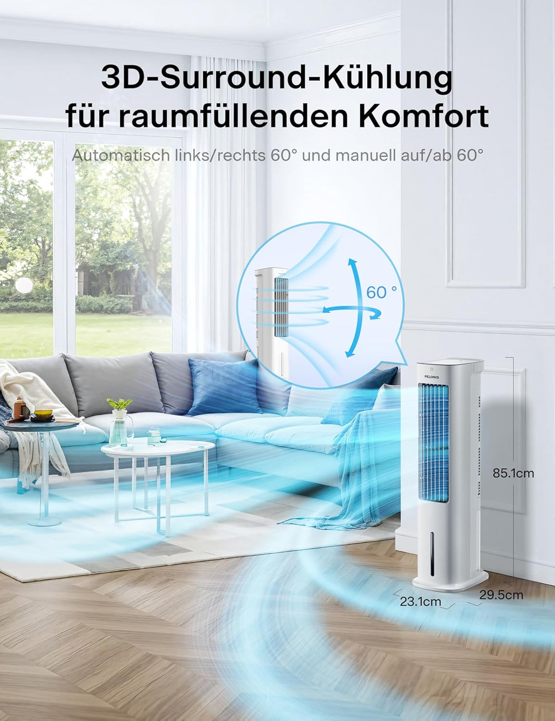 Pelonis Luftkühler, Ventilator und Luftbefeuchter mit 60° Oszillation, Klimagerät Luftreiniger mit F