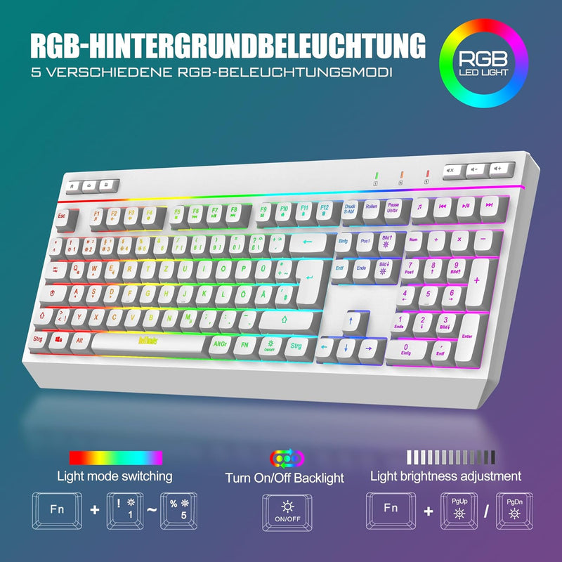 RedThunder K20 Rechargeable Kabelloses Tastatur und Maus Set, QWERTZ DE Layout, RGB Hintergrundbeleu