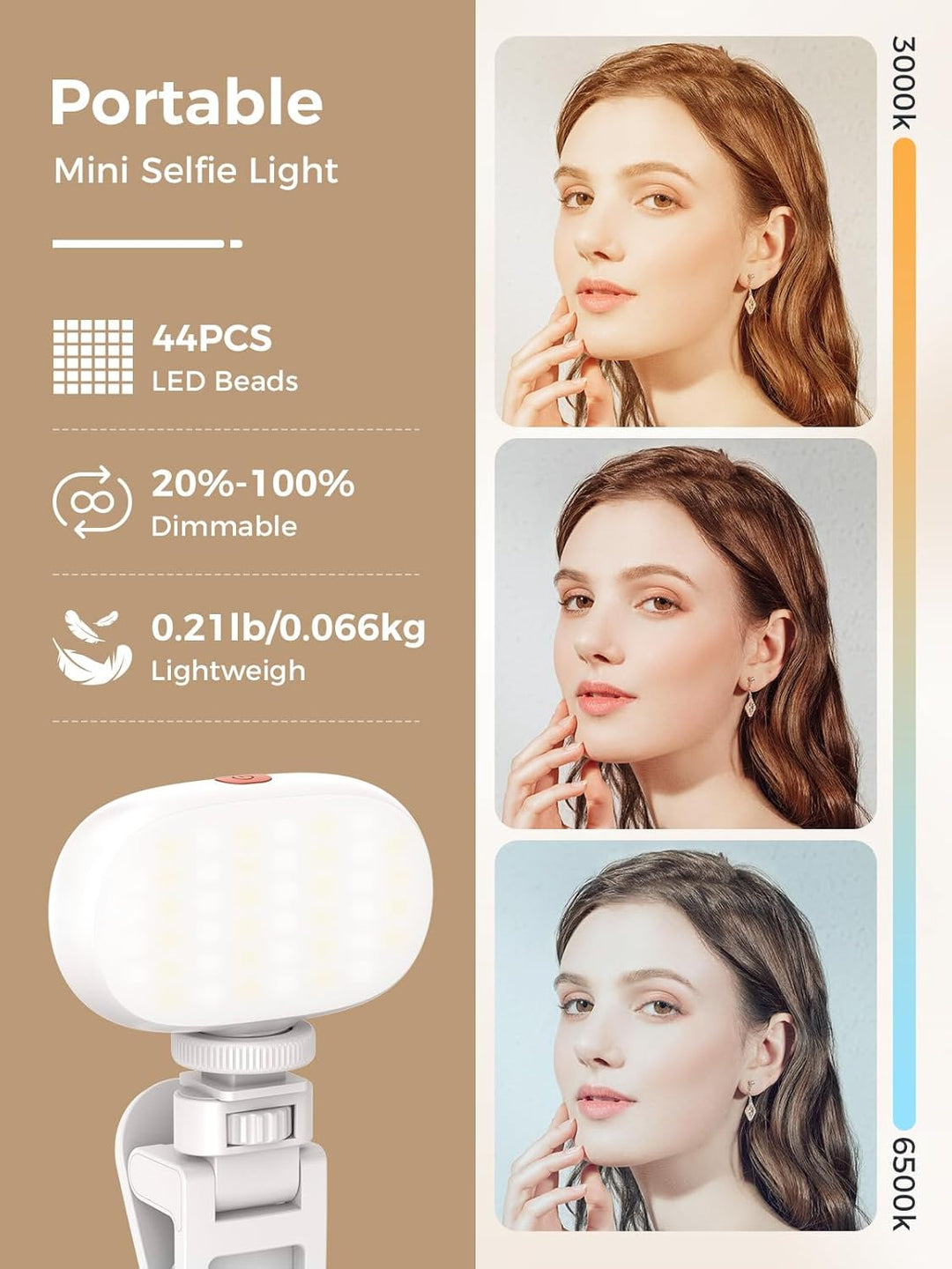 Smiling Shark Mini Foto Licht, Tragbar Selfie Licht mit Clip Wiederaufladbar CRI 95+ Dimmbar 3 Farbe