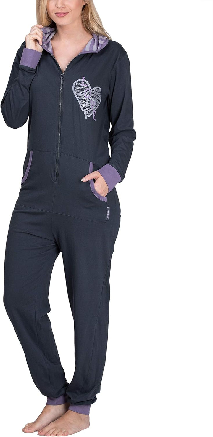 maluuna - Damen Jumpsuit, Onesie, Overall, Einteiler mit Bündchen an Arm- und Beinabschluss aus 100%