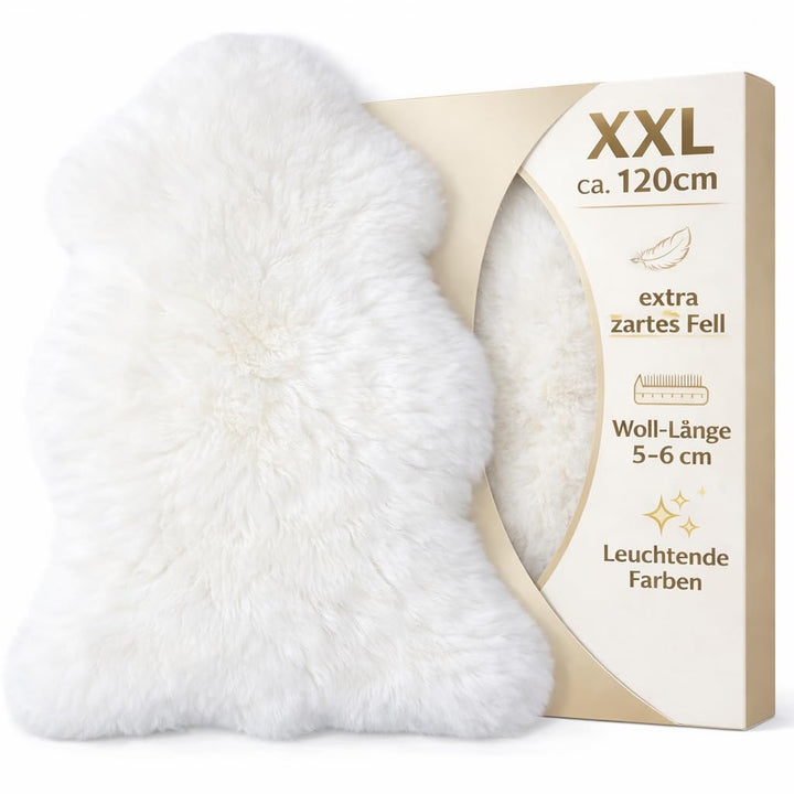 Extra grosses Super-Premium Schaffell, Kuschelfell von Lanabest. Weiss. Echtes Lammfell, geruchsarm