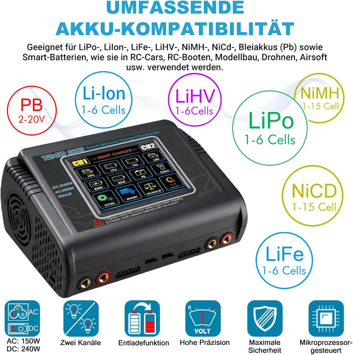 HTRC T240 DUO RC Balance Ladegerät/Entlader für Lilon LiPo LiFe LiHV NiCd NiMH PB Smart Batterie Dua