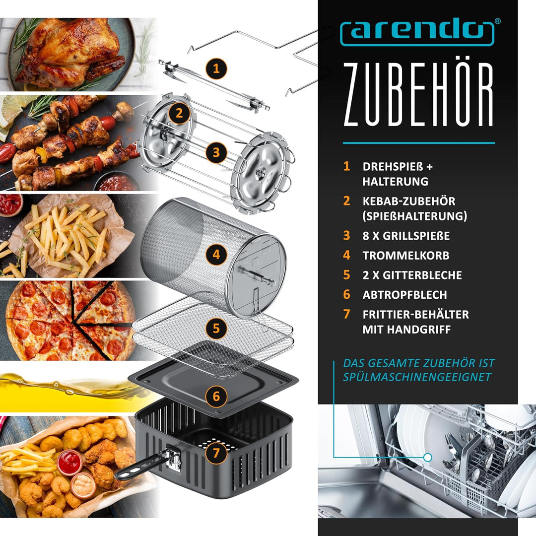Arendo - XXL Heissluftfritteuse 16 Liter - Grill - Dörrautomat - Backofen - Air Fryer - Touchscreen