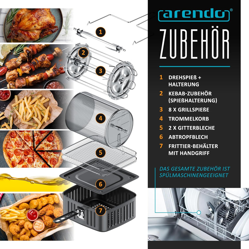 Arendo - 4 in 1 Heissluftfritteuse 12 Liter - Grill - Dörrautomat - Backofen - Air Fryer - LED-Touch