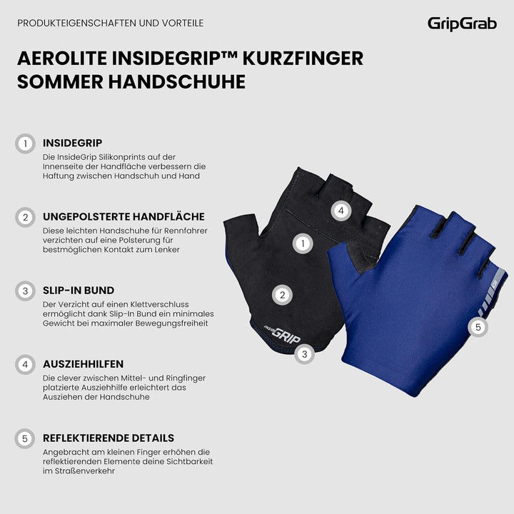 GripGrab Aerolite InsideGrip Profi Radsport Race Handschuhe Dünne Ungepolsterte Raceday Kurzfinger R