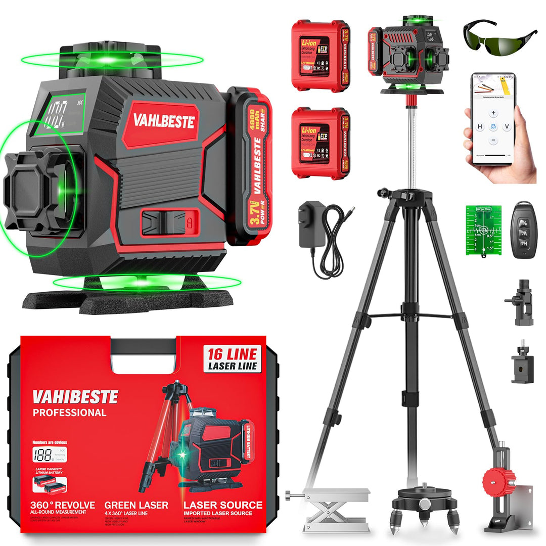 Kreuzlinienlaser mit Stativ, Laser Wasserwaage, 4x360 Grad Laser Level mit 2x4800mAh Batterien & LED