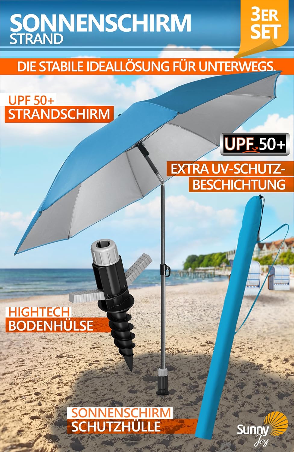 4smile Sonnenschirm Strand SunnyJoy, 3-in-1 SET, Blau - UPF 50+ Strandschirm Ø 180 cm + Sonnenschirm