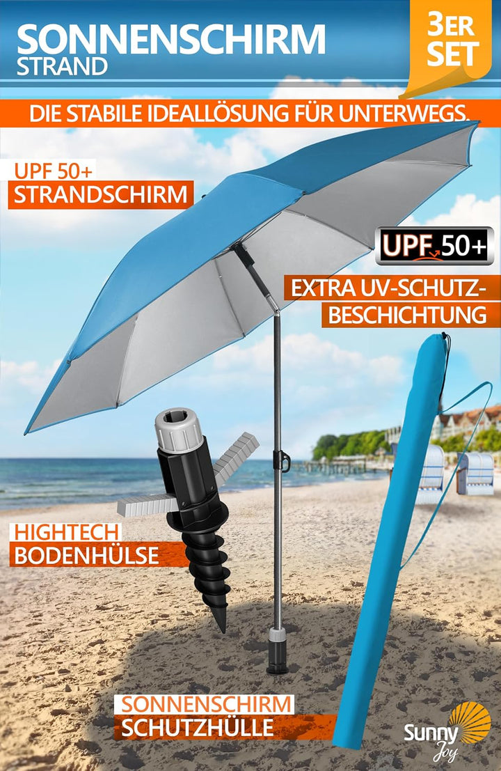 4smile Sonnenschirm Strand SunnyJoy, 3-in-1 SET, Blau - UPF 50+ Strandschirm Ø 180 cm + Sonnenschirm