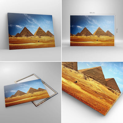 Bilder auf Leinwand 100x70cm Leinwandbild mit Rahmen Pyramide Wüste Sand Gross Wanddeko Bild Schlafz