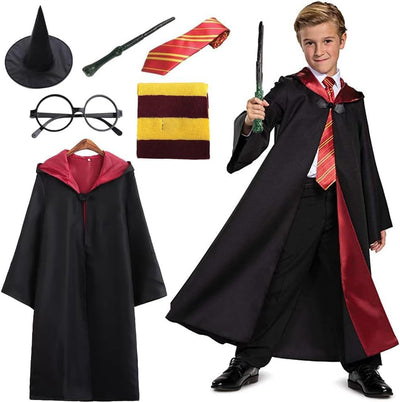 ZOYDP Zauberer Kostüm Kinder, 6PCS Harry Kostüm Kinder mit Magier Robe Magischer Hut Schal Zaubersta