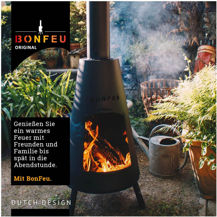 BonFeu BonPyra Schwarz - Terrassenofen - Feuerstelle mit Funkenschutz für entspannte Abende - Feuers