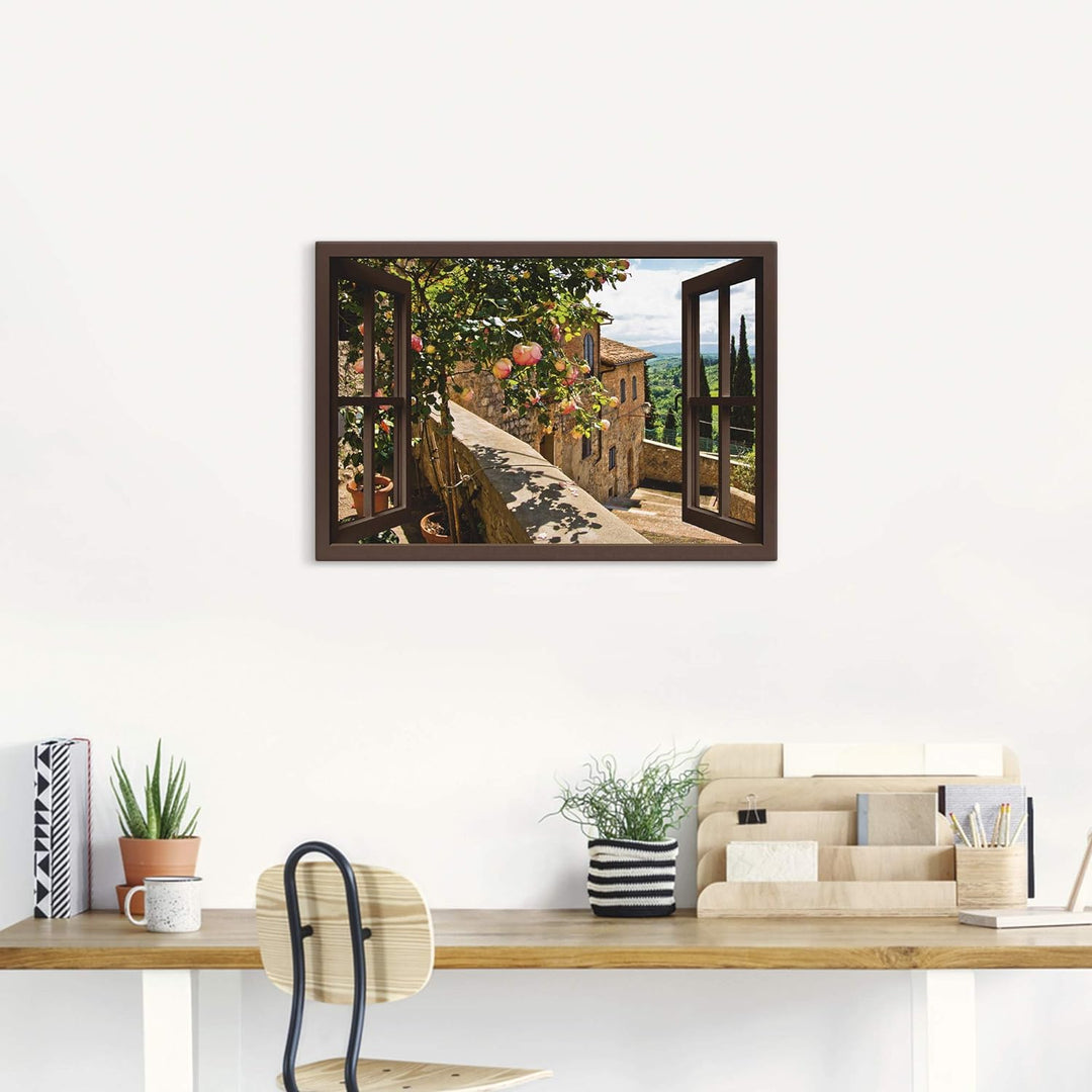 Artland Leinwandbild Wandbild Bild auf Leinwand 100x70 cm Wanddeko Fensterblick Fenster Toskana Land