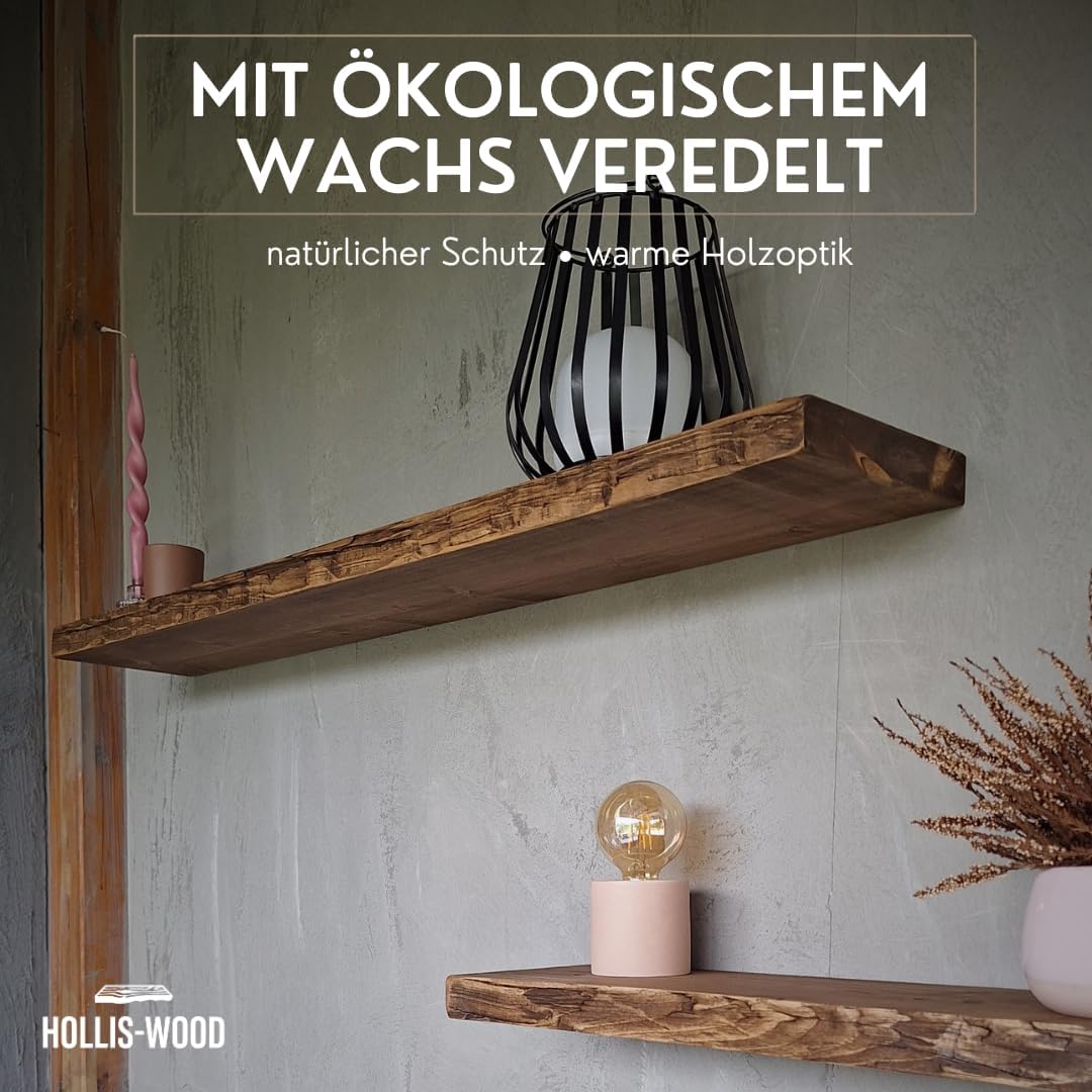 Wandregal schwebend, rustikale Designkante – Massivholz 40 mm, 20 cm tief, unsichtbare Halterung, ha