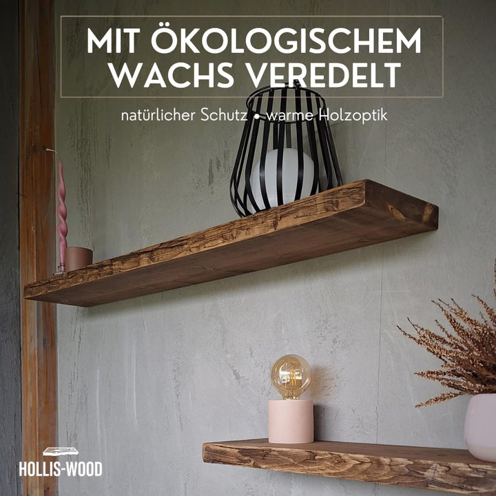 Wandregal schwebend, rustikale Designkante – Massivholz 40 mm, 20 cm tief, unsichtbare Halterung, ha