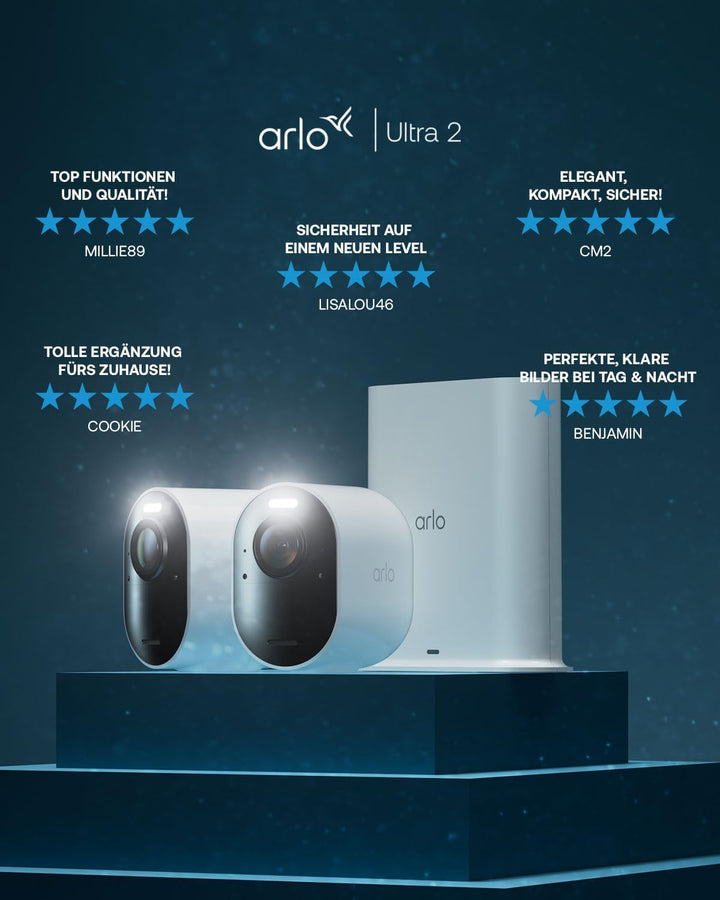 Arlo Ultra 2 Überwachungskamera Aussen WLAN, Kabellos, 4K UHD Qualitätsprodukt, 180° Sichtfeld, Spot