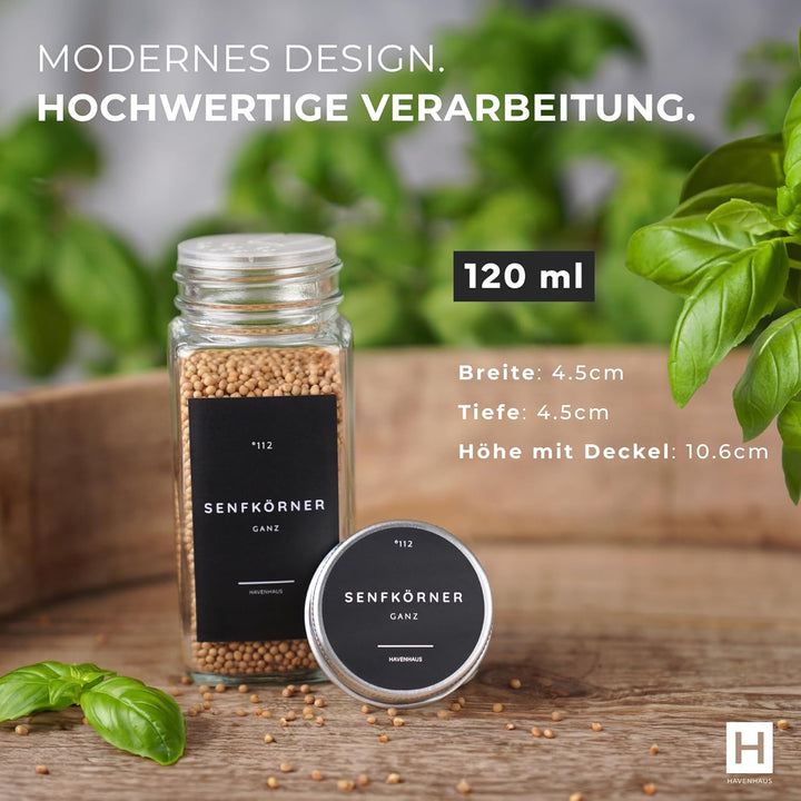 Havenhaus Premium Gewürzgläser Set Aluminium | 24 Gewürz Organizer inkl. 336 deutschen Gewürzetikett