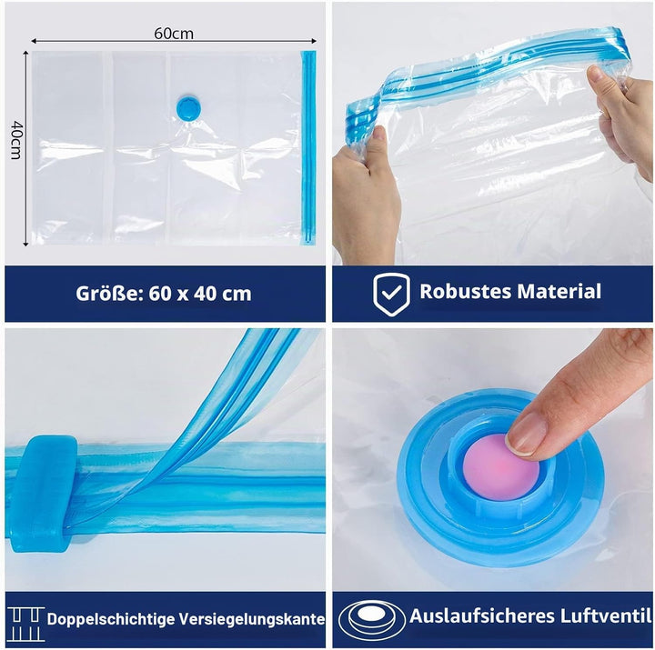 12er Set Vakuumbeutel für Kleidung - 60x40cm, 80% Platz Sparen Vakuum Kleiderbeutel PA & PE Material