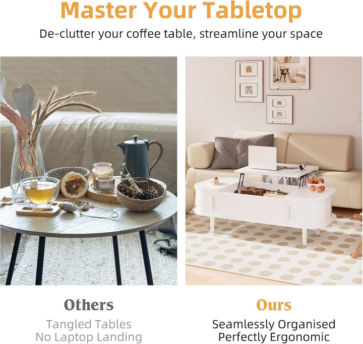Couchtisch mit Hebeplatte – Moderner Holztisch mit Einzigartiger Textur & Verstecktem Stauraum, Kaff