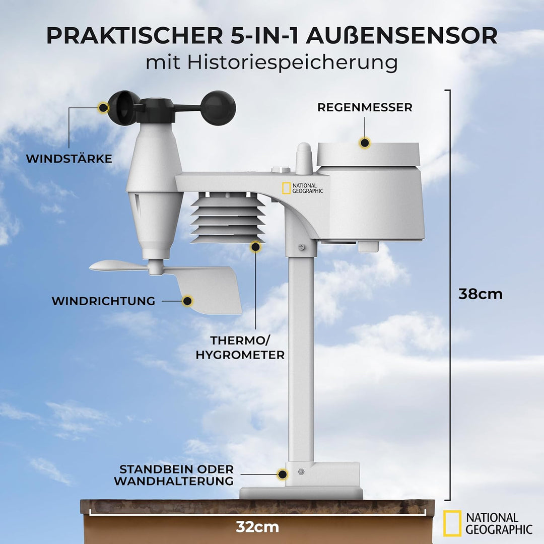 National Geographic Wetterstation Funk mit Aussensensor Wetter Center 5-in-1 Colour mit Aussensensor