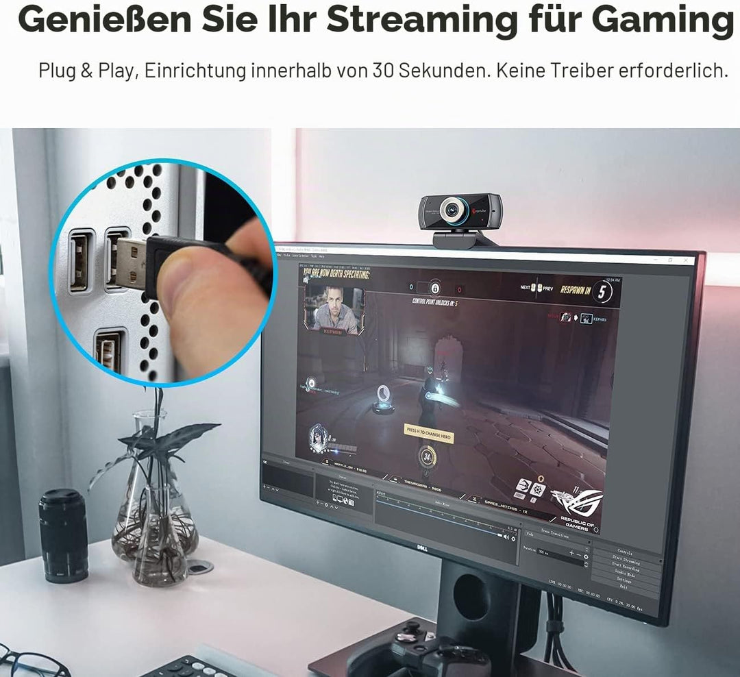 Angetube HD Gaming Webcam 1080P mit Mikrofon,USB PC Streaming Webcam mit Breitbild-Videoanrufen und