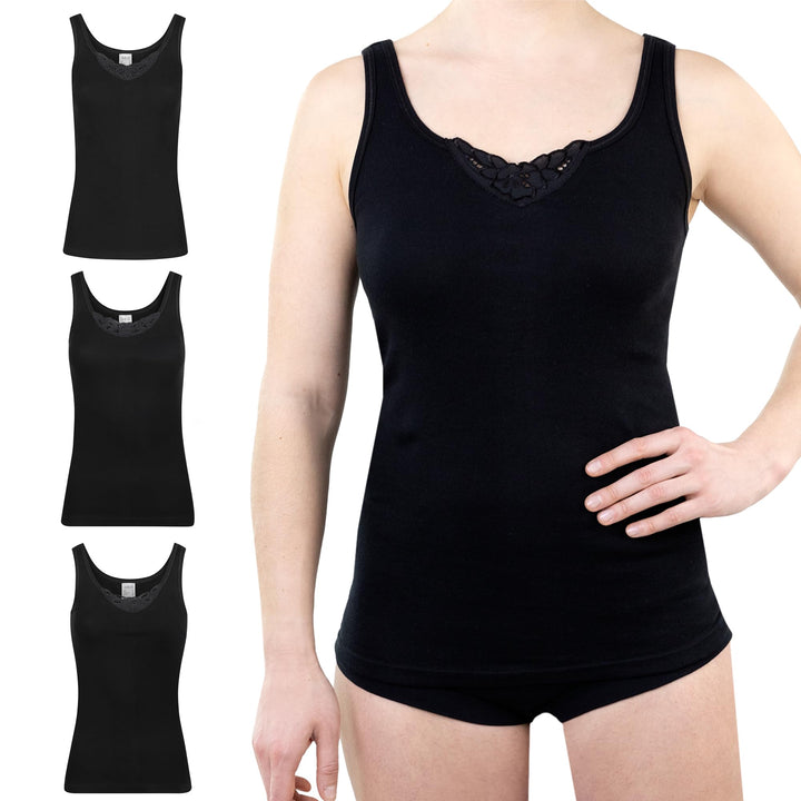 SES Top mit Spitze Damen 3er-Pack 34-52 aus 100% Baumwolle/Damen Unterhemden mit Spitze & weicher Fe