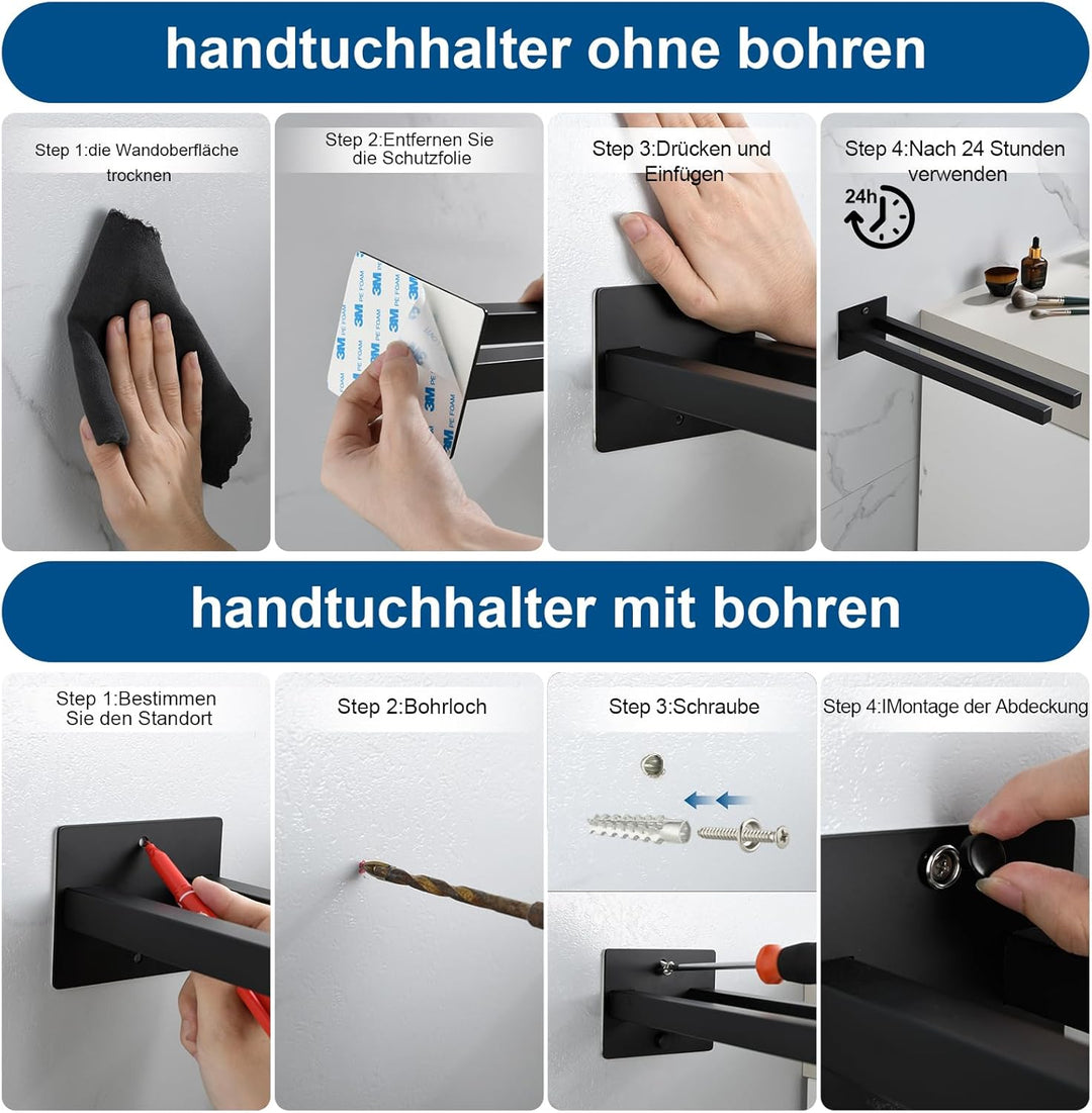 JS Handtuchhalter ohne Bohren Schwarz/mit Bohren Handtuchstange SUS304 Edelstahl Wand für Bad & Küch