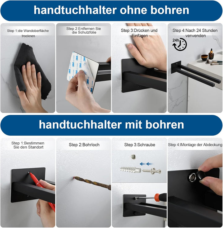 JS Handtuchhalter ohne Bohren Schwarz/mit Bohren Handtuchstange SUS304 Edelstahl Wand für Bad & Küch