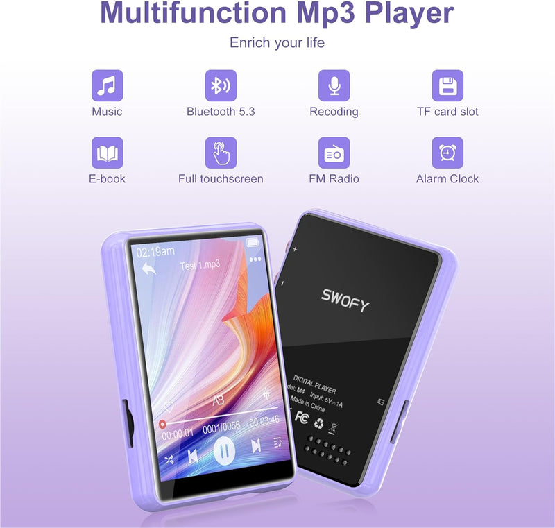 SWOFY MP3 Player Bluetooth 5.3, 64GB HiFi MP3 Player mit Lautsprecher kopfhörer FM Radio Recorder, 2