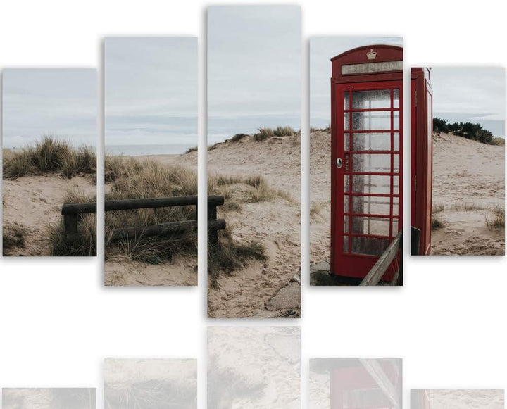 Feeby Bild auf Leinwand Landschaft 5 Teilig Modern Telefonzelle Strand Sand rot 150x100 cm Leinwandb