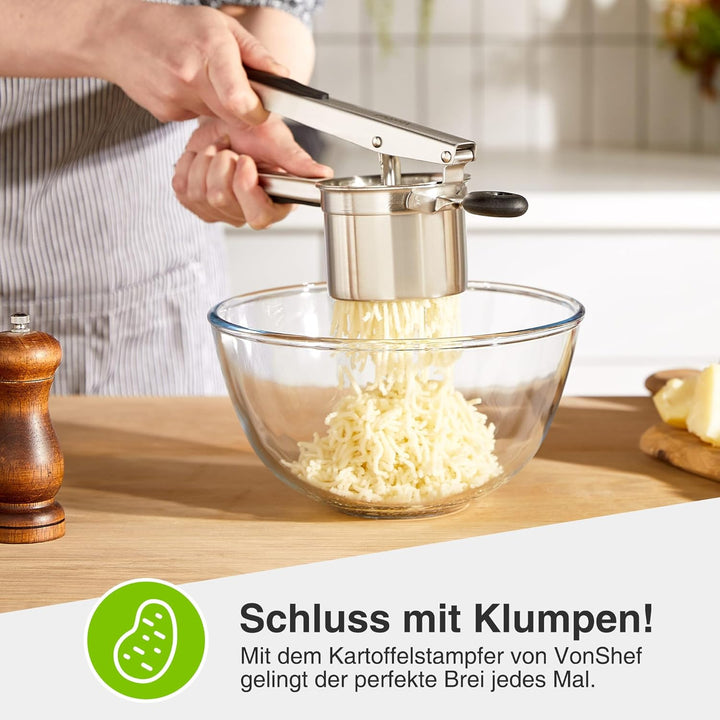 VonShef Kartoffelstampfer – Lebensmittelechte Edelstahl Kartoffelpresse mit Silikongriff – Spülmasch