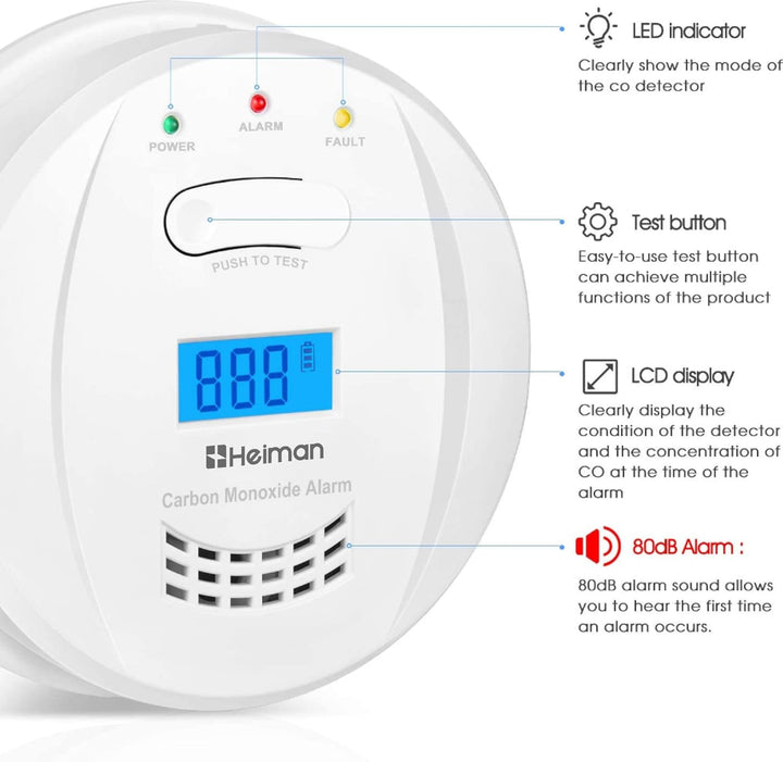 HEIMAN CO Melder Alarm Kohlenmonoxidmelder mit digitaler LCD-Anzeige EN50291, 10 Jahren Sensorlaufze