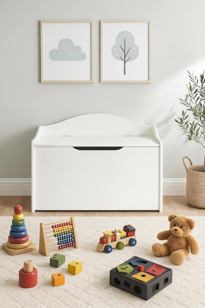 Leomark Kinderbank Hölzerne - Classic White XL - Kindertruhenbank, Behälter für Spielzeug, Truhe für