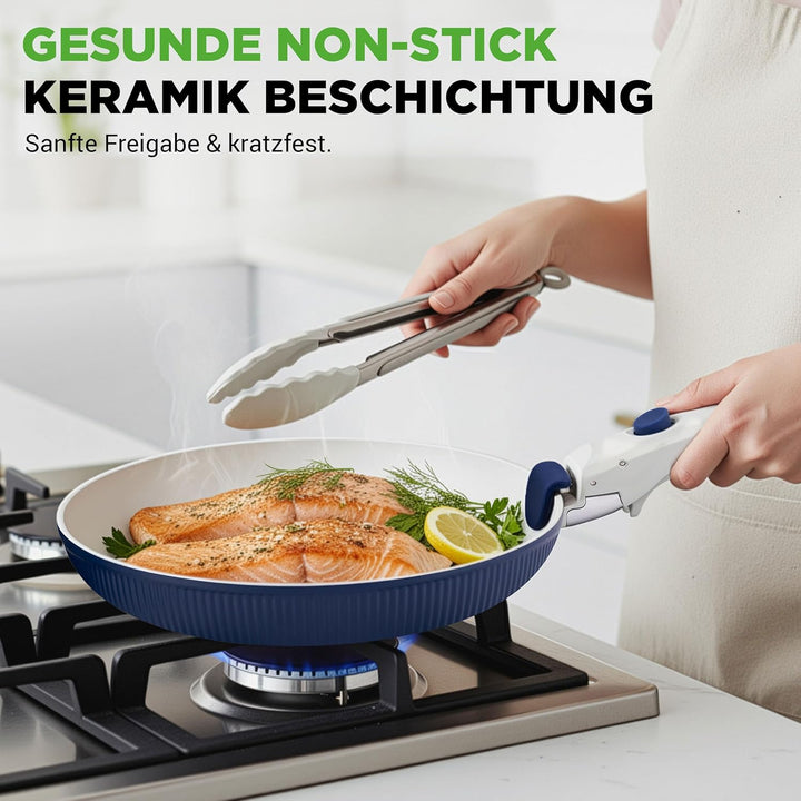 NutriChef Topfset 18 Teilig Keramik Blau mit Abnehmbaren Griffen Induktion Topf und Pfannenset Antih