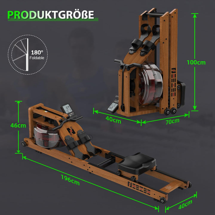 Neezee Wasser Rudergerät für Zuhause, Klappbar Rudergerät aus Massivholz, Rudermaschine mit Bluetoot