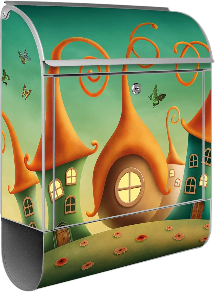 banjado® Design Briefkasten mit Motiv Zwergenhausen 39x47x14cm &amp; 2 Schlüssel - Briefkasten Stahl Sil