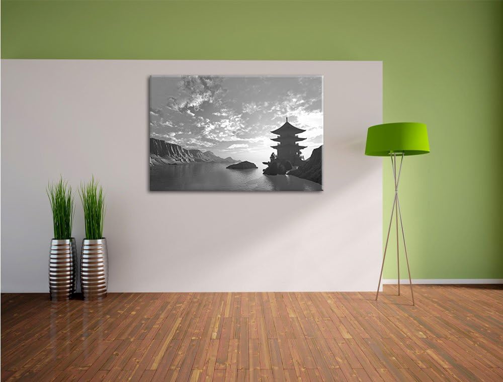 Pixxprint Tempel in grossem Tal B&W / 100x70cm Leinwandbild bespannt auf Holzrahmen/Wandbild Kunstdr
