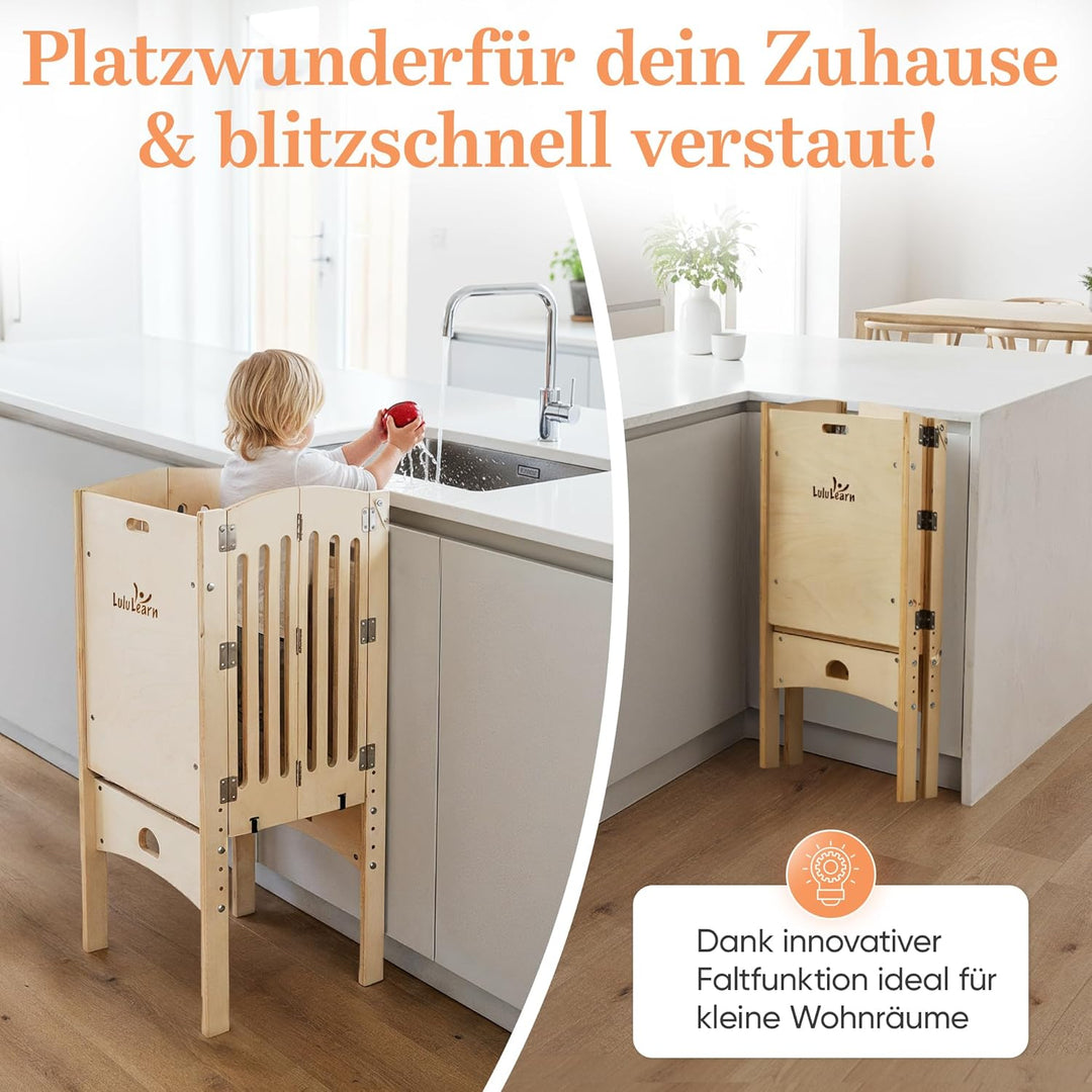 Lernturm ab 1 Jahr [FALTBAR] – Montessori Learning Tower, vormontiert, höhenverstellbar & extra sich