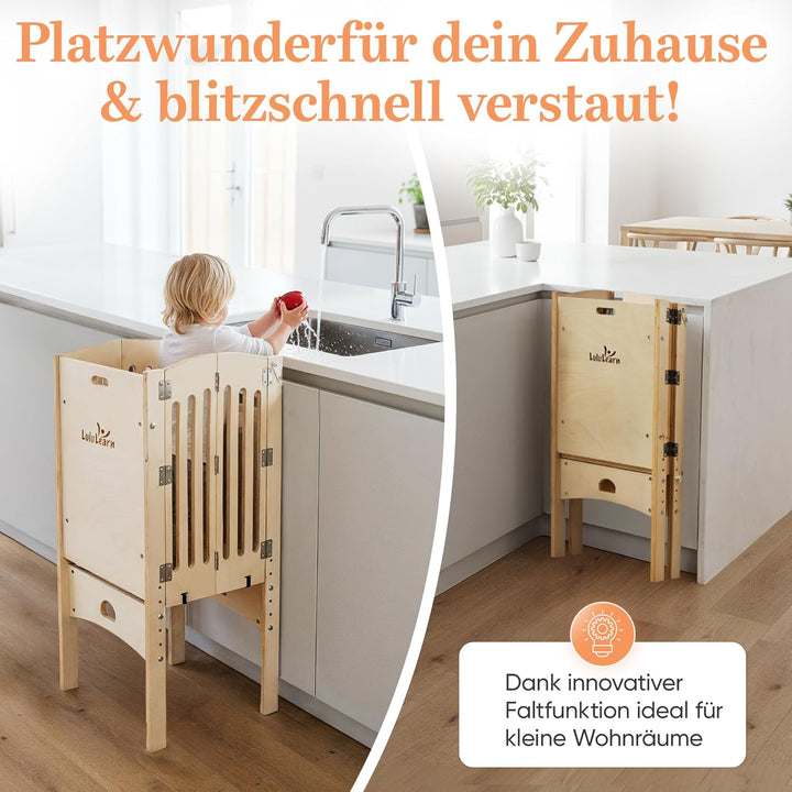 Lernturm ab 1 Jahr [FALTBAR] – Montessori Learning Tower, vormontiert, höhenverstellbar & extra sich